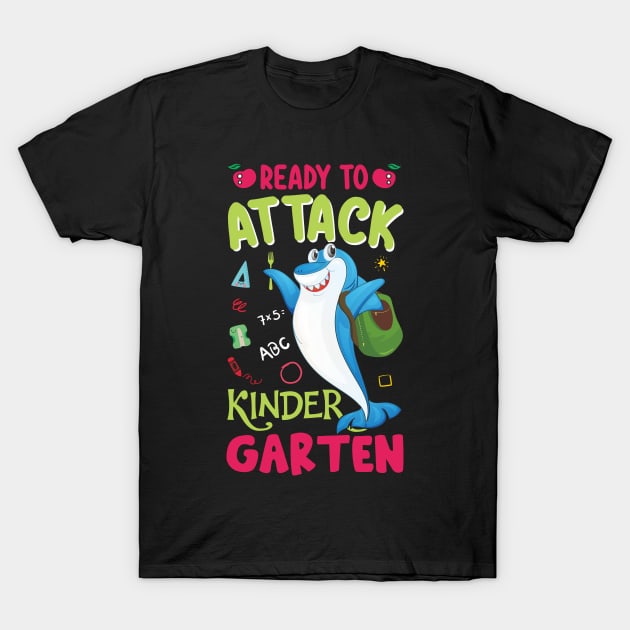 ready to attack kindergarten quotation tshirt template stylized funny shark education elements sketch T-Shirt by WARISANBUDAYAINDONESIA